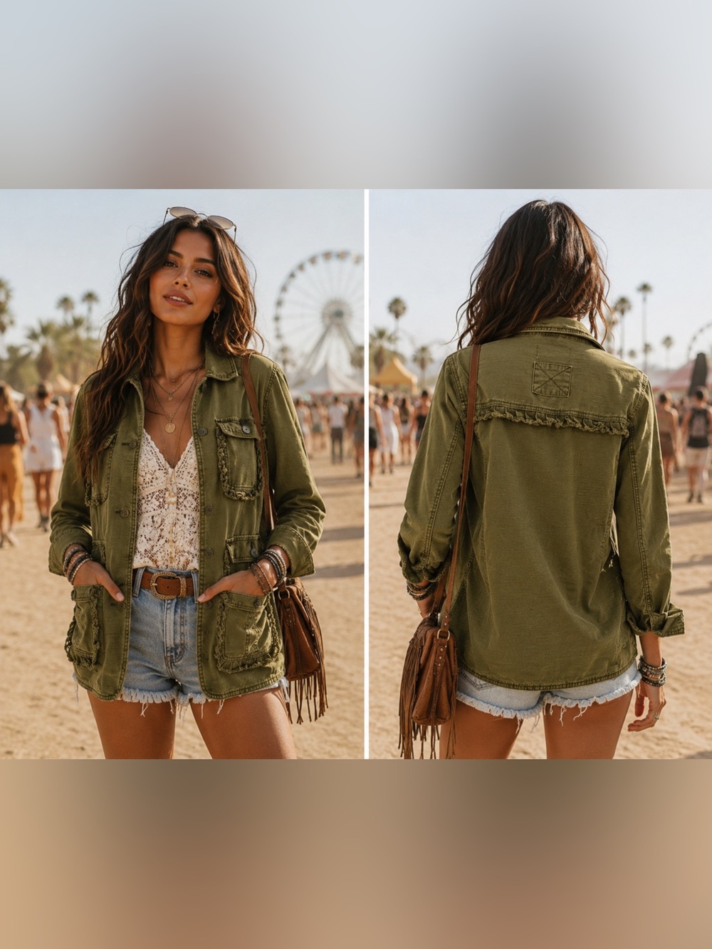 Anthro Utility Jacket Army Green Military Boho Ruffle Shacket Cotton Safari Coat